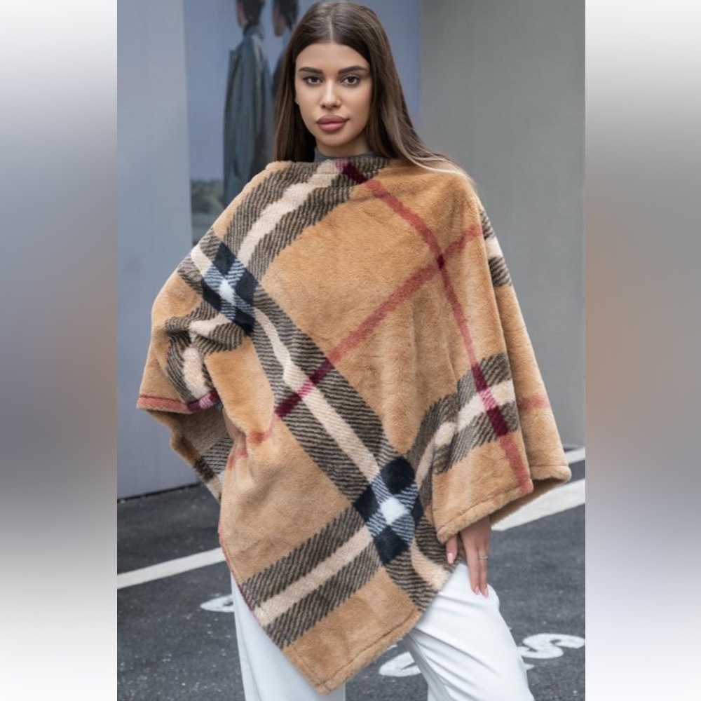 Plaid Tan Poncho Faux Fur Sweater